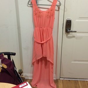 coral high low dress w floral embroidery on top