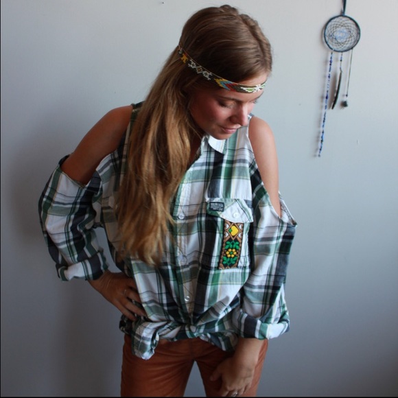 Plaid button up w/ cut out shoulders