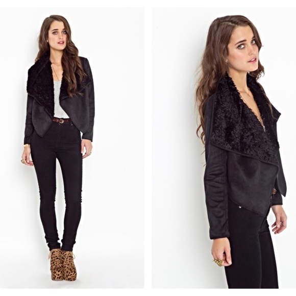 Nasty Gal Black Shearling Drape Jacket