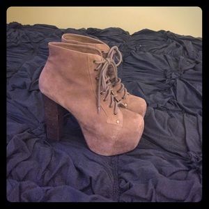 Jeffrey Campbell Taupe Suede Platform Booties. 7.5