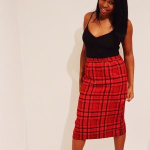 Vintage Silk Midi Plaid Pencil Skirt