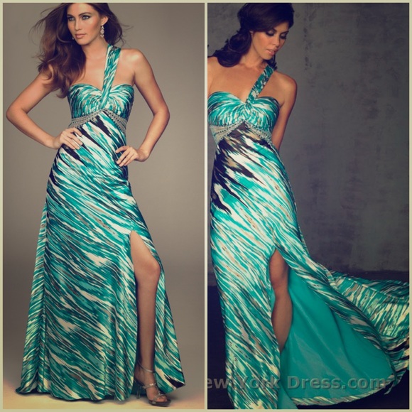 Night Moves Turquoise/Black/White Print Prom Gown