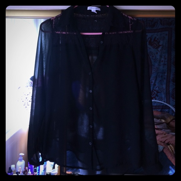 Black chiffon lace button up