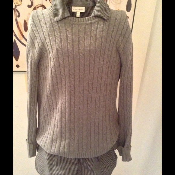 Grey cable knit sweater and striped button up