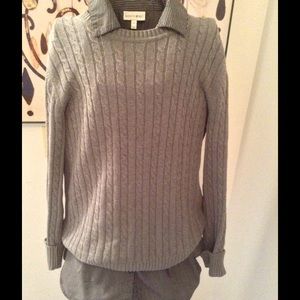 Grey cable knit sweater and striped button up