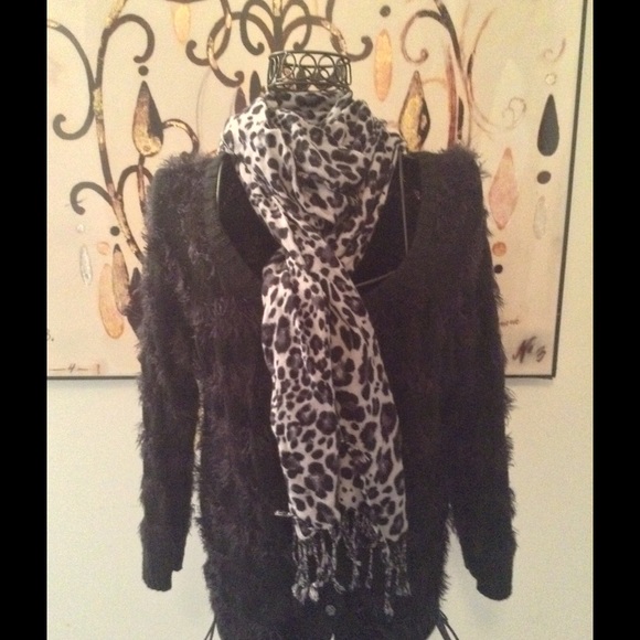 Black shaggy knit cardigan.