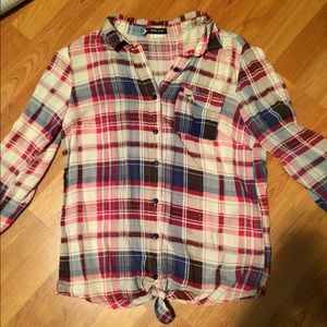 Red and navy blue button up plaid tie shirt