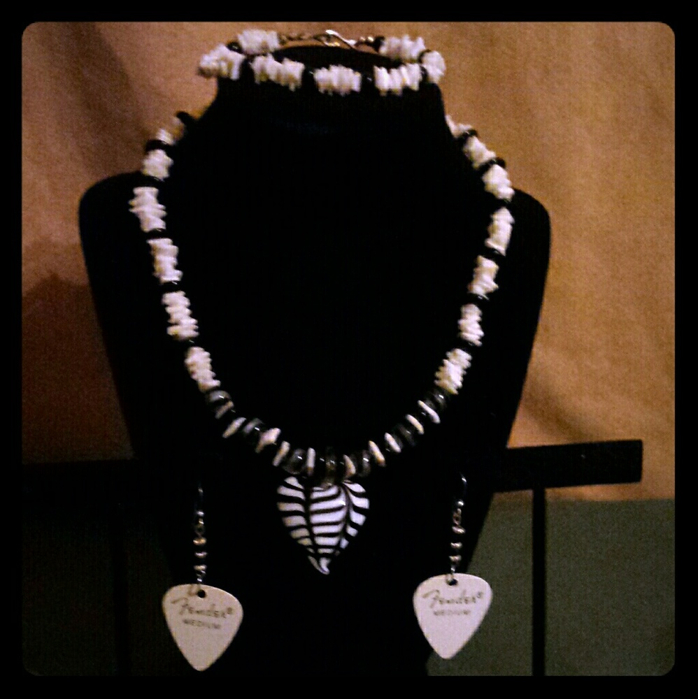 Heart Necklace, Bracelet, and Guitar Pick Earrings