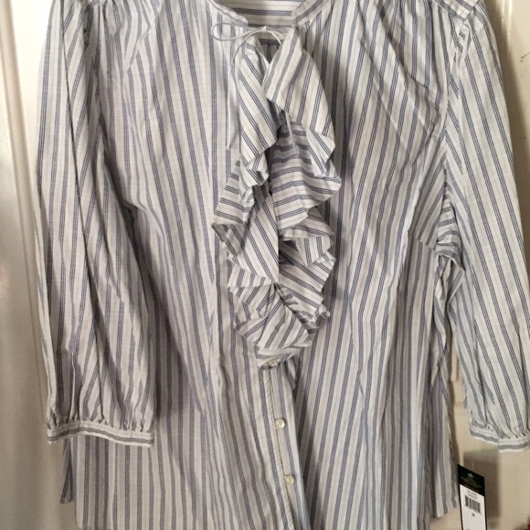 Ralph Lauren cream/blue pin strip ruffle blouse