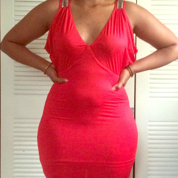 Bebe red silky dress with strap detail