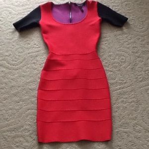 BCBG MAXAZRIA. Red, purple and black spandex dress