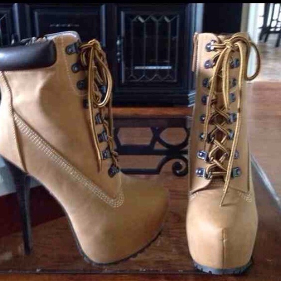 Shoes Tan High Heel Construction Boot Flash Sale Poshmark