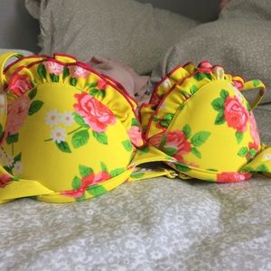 Yellow Floral Print Push Up Bikini Top