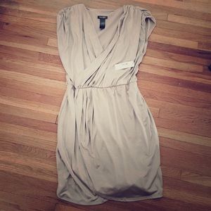 Stretchy wrap dress, shimmery blush material.