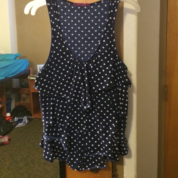 Dark blue ruffled polka dot tank top! - Picture 2 of 3