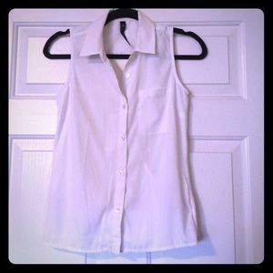 White, button-up, collared tank with draped back!