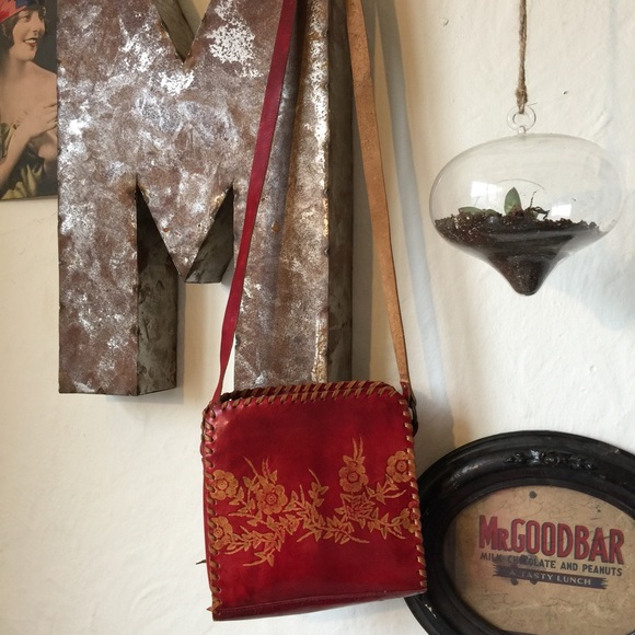 Red leather flower embossed shoulder bag