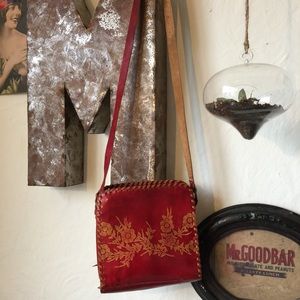 Red leather flower embossed shoulder bag