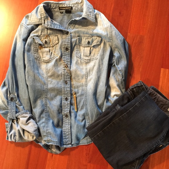 Blue chambray button-up top