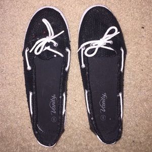 Black and white sequin tie shoes