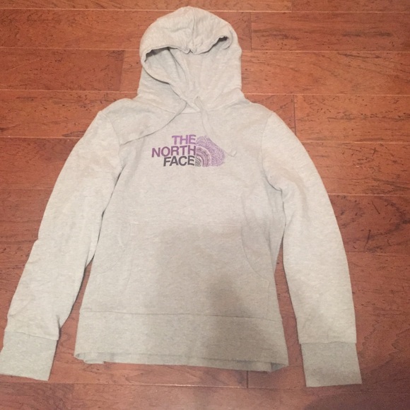 grey and purple northface sweatshirt
