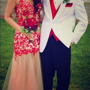Red lace/Nude sheer prom dress with sequin