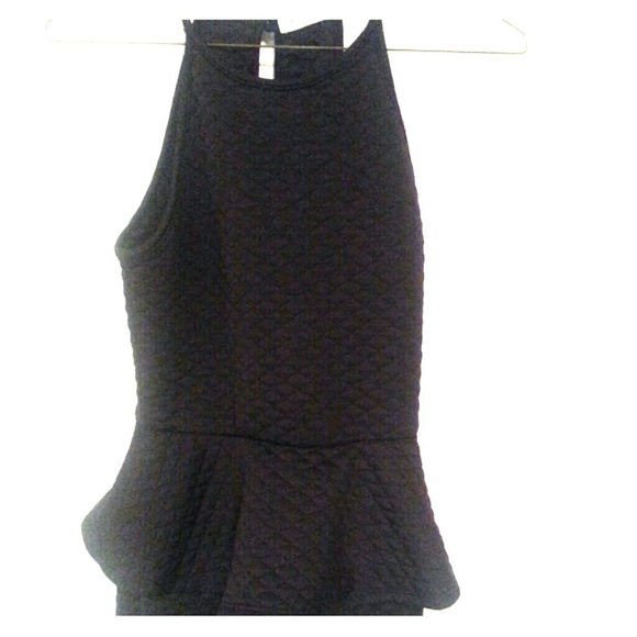 Black quilted high neck peplum pencil dress