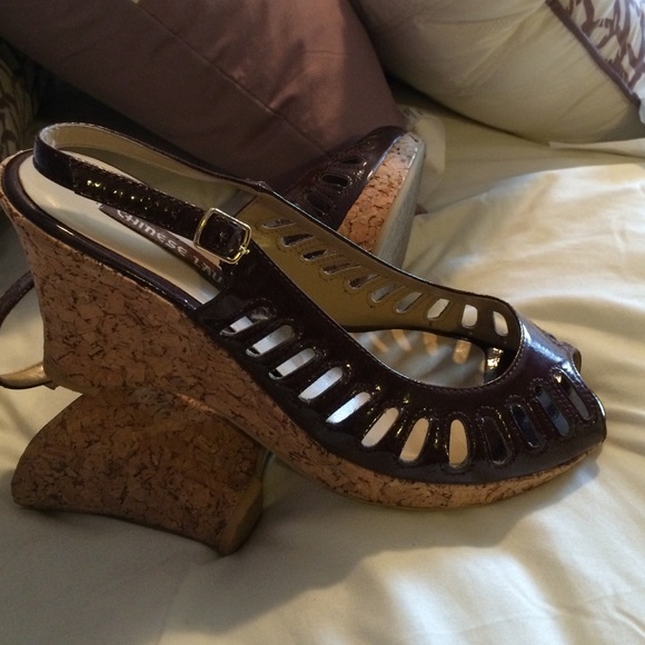 Chocolate brown peep toe cork wedges