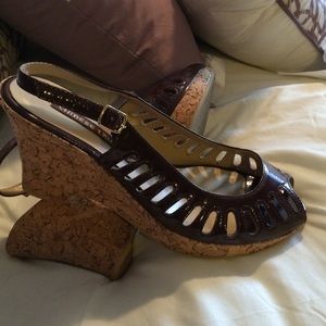 Chocolate brown peep toe cork wedges