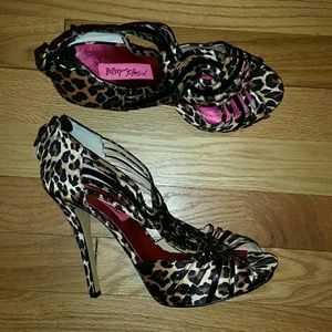 SOLD! Betsey Johnson strappy satin leopard heels