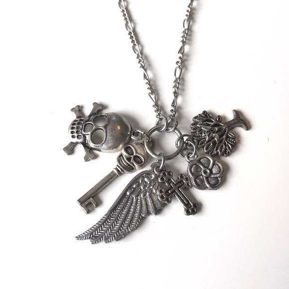 Long Charm Necklace Skulls Key Cross Wing Tree