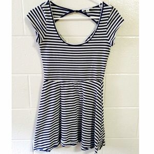 Navy Blue and White Pinstriped Sun Dress