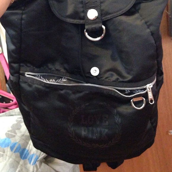 VS PINK black satin backpack.