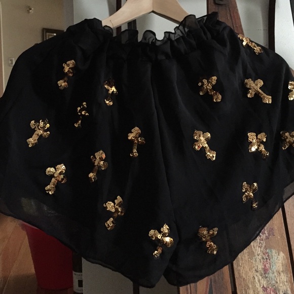 Gold Sequin Cross Lightweight High Waist Shorts