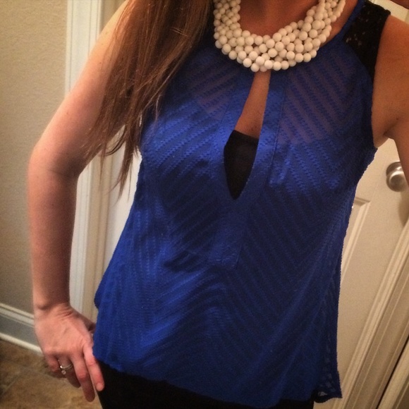 Nicole by Nicole Miller Tops - SOLD Cobalt Hi Lo Chevron Stitch Lace Detail Top