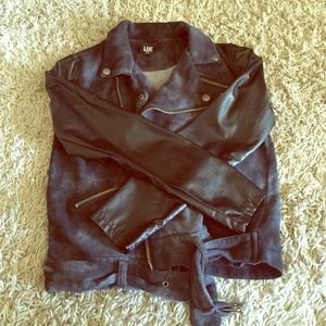 Dark blue jacket with faux leather sleeve