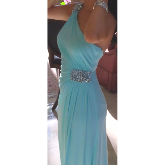 Long Blue evening dress with crystal beading - Picture 2 of 4