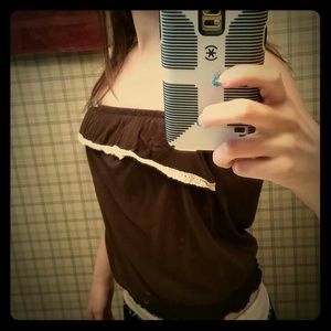 Brown and white strapless top