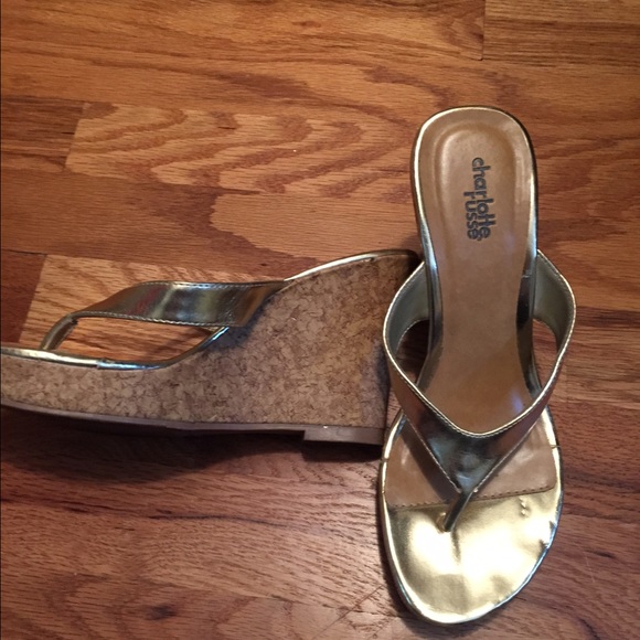 Gold flip flop/thong cork wedges