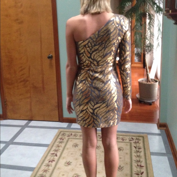 Gold & gray sequin one sleeve dress