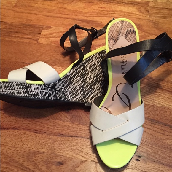 Snakeskin and neon wedge strappy sandals