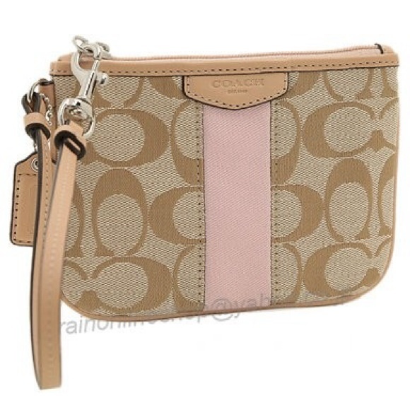 Coach Handbags - SALE!! NWT Coach khaki with pink trim wristlet