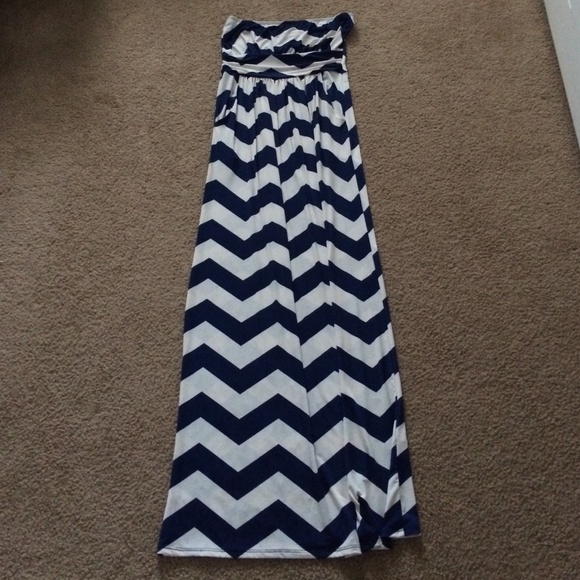 Navy Blue and White Chevron Strapless Maxi Dress