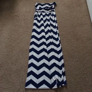 Navy Blue and White Chevron Strapless Maxi Dress