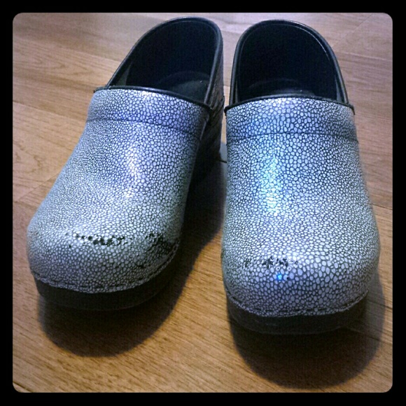 Iridescent blue speckled Danskos