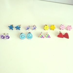 Flowers, hearts, stars, peace sign earrings set