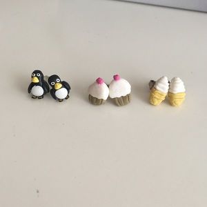 Penguin, cupcake, and ice cream earrings