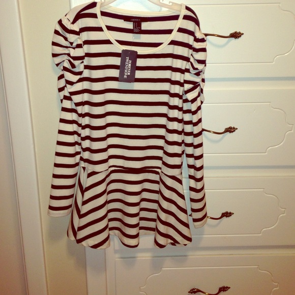 Forever21 Cream and Navy Peplum Shirt