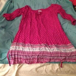 Magenta colored peasant dress with waist tie