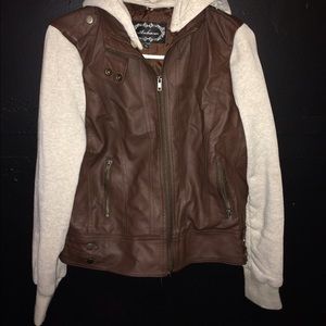 Brown leather jacket with cotton sleeves